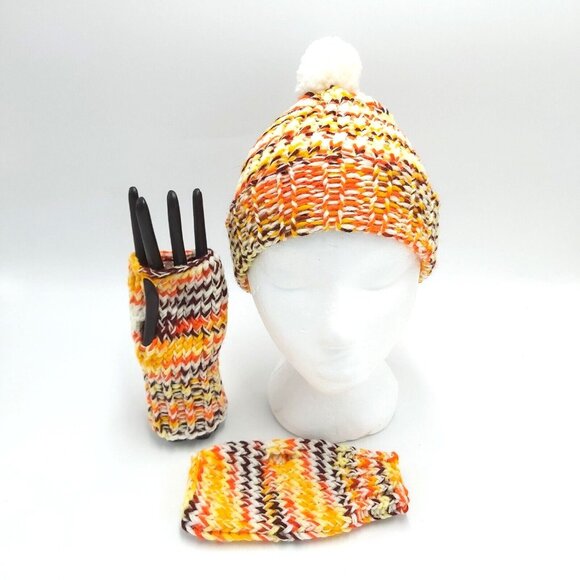 Handmade Loom Knit Fingerless Gloves Beanie Hat Toque Pompom Size Small Autumn - Picture 9 of 16